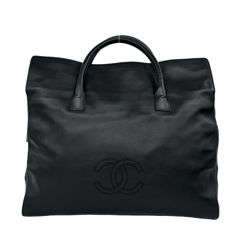 CHANEL Black Leather Logo Boston Bag